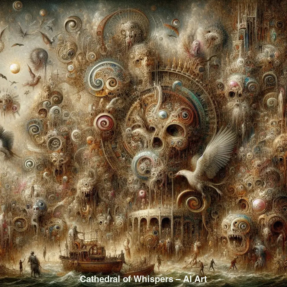 Cathedral of Whispers – AI Art, surreale goldene Kathedrale mit Gesichtern, Spiralen und schwebenden Kreaturen über dem Meer.