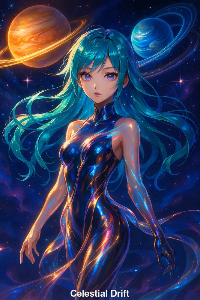 AI Anime Girl im futuristischen Galaxie-Look mit Planeten und leuchtendem Kleid im Weltraum