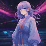 unge Frau mit silber-violettem, fließendem Haar vor neonbeleuchtetem Nachthimmel mit pinken und blauen Lichtlinien.