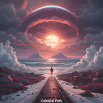 Einsamer Wanderer auf mystischem Pfad führt in magischen Sonnenuntergang, beleuchtet von großer Himmelskugel vor Felsen und Meer.