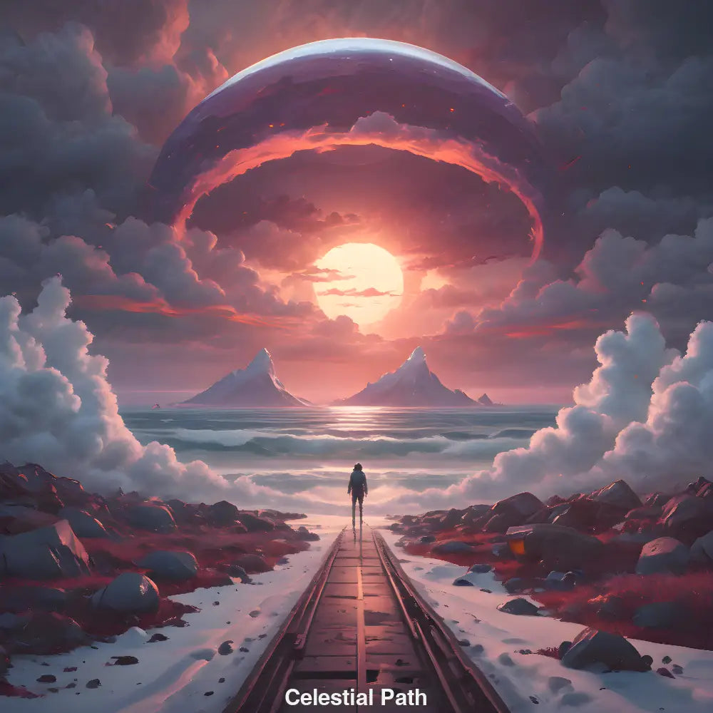 Einsamer Wanderer auf mystischem Pfad führt in magischen Sonnenuntergang, beleuchtet von großer Himmelskugel vor Felsen und Meer.