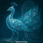 Magischer Kristallpfau mit funkelndem Gefieder in nächtlicher Kulisse – traumhaftes KI-Kunstwerk mit Fantasy-Elementen.