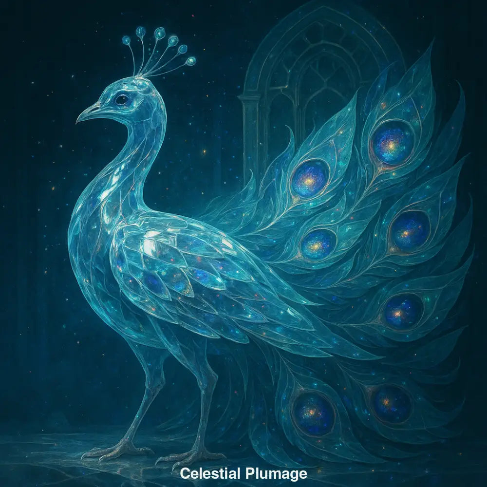 Magischer Kristallpfau mit funkelndem Gefieder in nächtlicher Kulisse – traumhaftes KI-Kunstwerk mit Fantasy-Elementen.