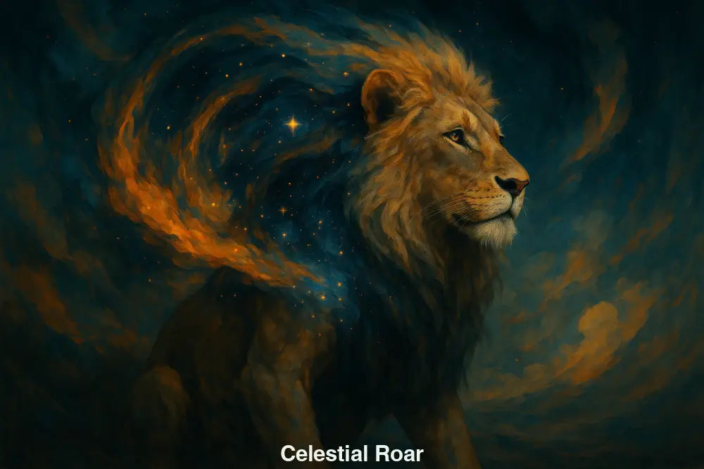 Digitales Gemälde eines Löwen mit galaktischer Mähne im Sternenhimmel