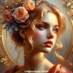 Celestial Rose – AI Art, Porträt einer Frau mit Rosen im Haar, goldenes Licht und zarte, klassische Eleganz.