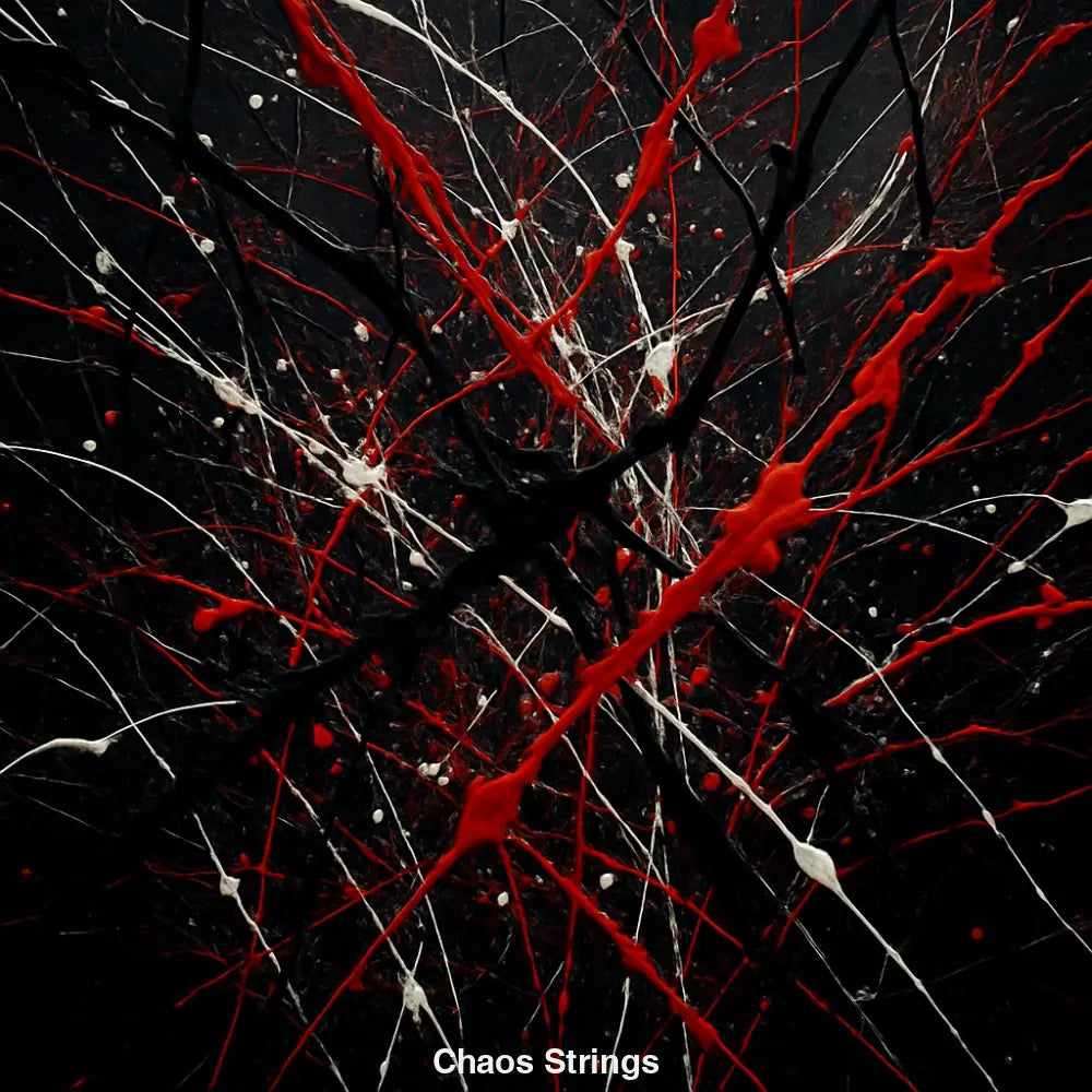 Abstrakte Farbspritzer in Rot, Weiß und Schwarz – wilde, energiegeladene AI Kunst