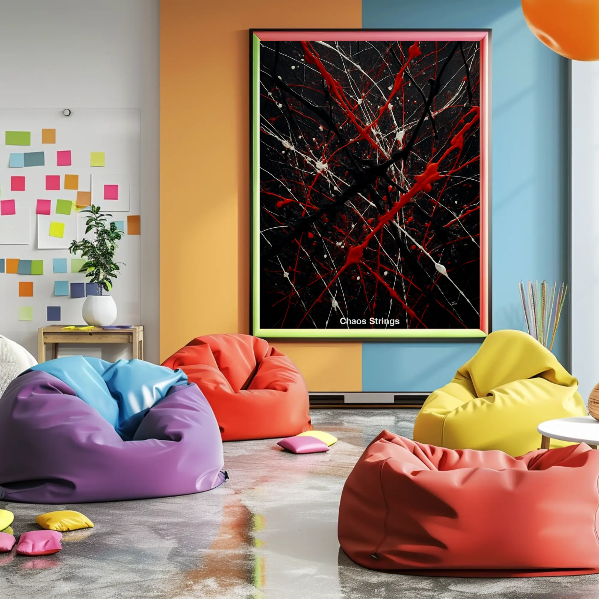 Mockup des AI-Kunstwerks „Chaos Strings“ mit expressiven Farblinien in Schwarz, Rot und Weiß