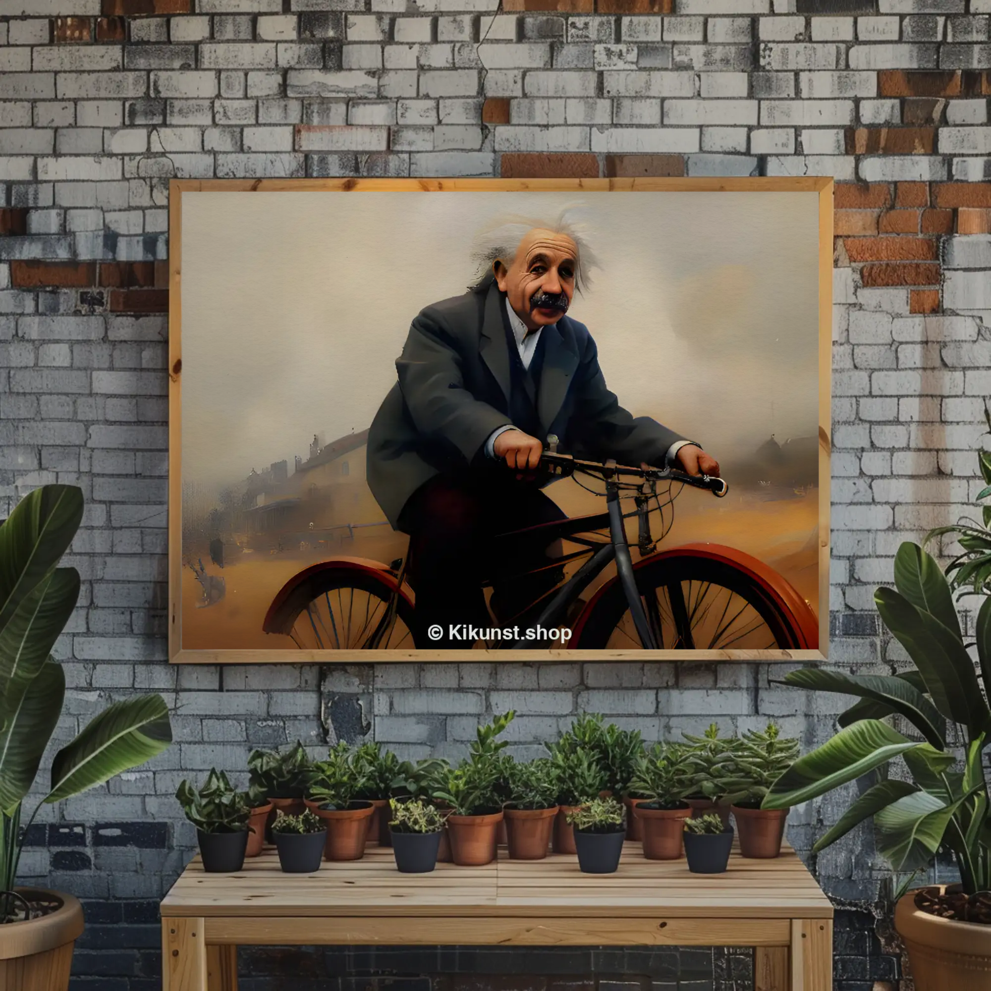 Kreatives Wandbild mit Figur auf Fahrrad in moderner Einrichtung