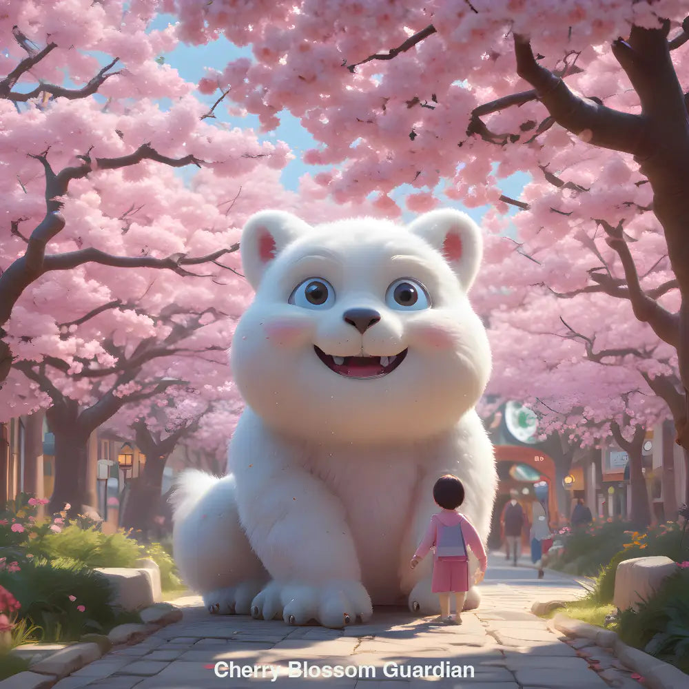 Kind auf Kirschblütenweg steht einem großen, flauschigen Fabelwesen mit sanftem Lächeln und treuen Augen gegenüber.