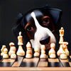 Intelligenter Hund sitzt vor Schachbrett und betrachtet konzentriert die Figuren – KI-generiertes Kunstwerk.