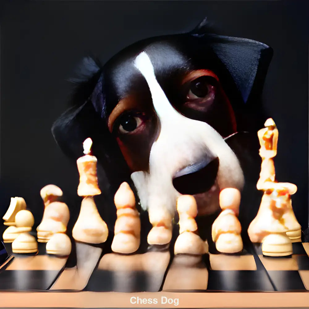 Intelligenter Hund sitzt vor Schachbrett und betrachtet konzentriert die Figuren – KI-generiertes Kunstwerk.