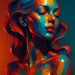 Buntes Frauenporträt mit geschlossenen Augen in glänzender, flüssiger Farbästhetik