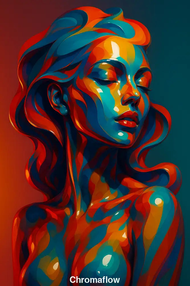 Buntes Frauenporträt mit geschlossenen Augen in glänzender, flüssiger Farbästhetik