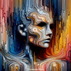 AI Art Porträt mit geschichteten Linien, dynamischen Farben und abstraktem Stil.