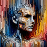 AI Art Porträt mit geschichteten Linien, dynamischen Farben und abstraktem Stil.