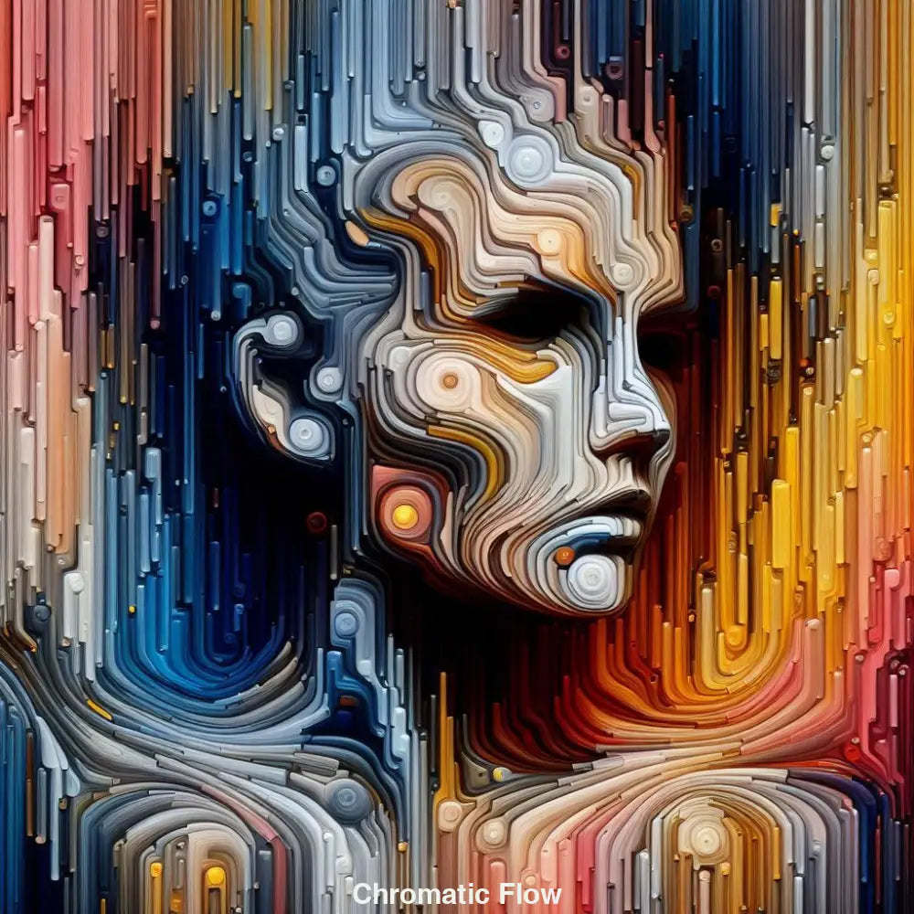 AI Art Porträt mit geschichteten Linien, dynamischen Farben und abstraktem Stil.