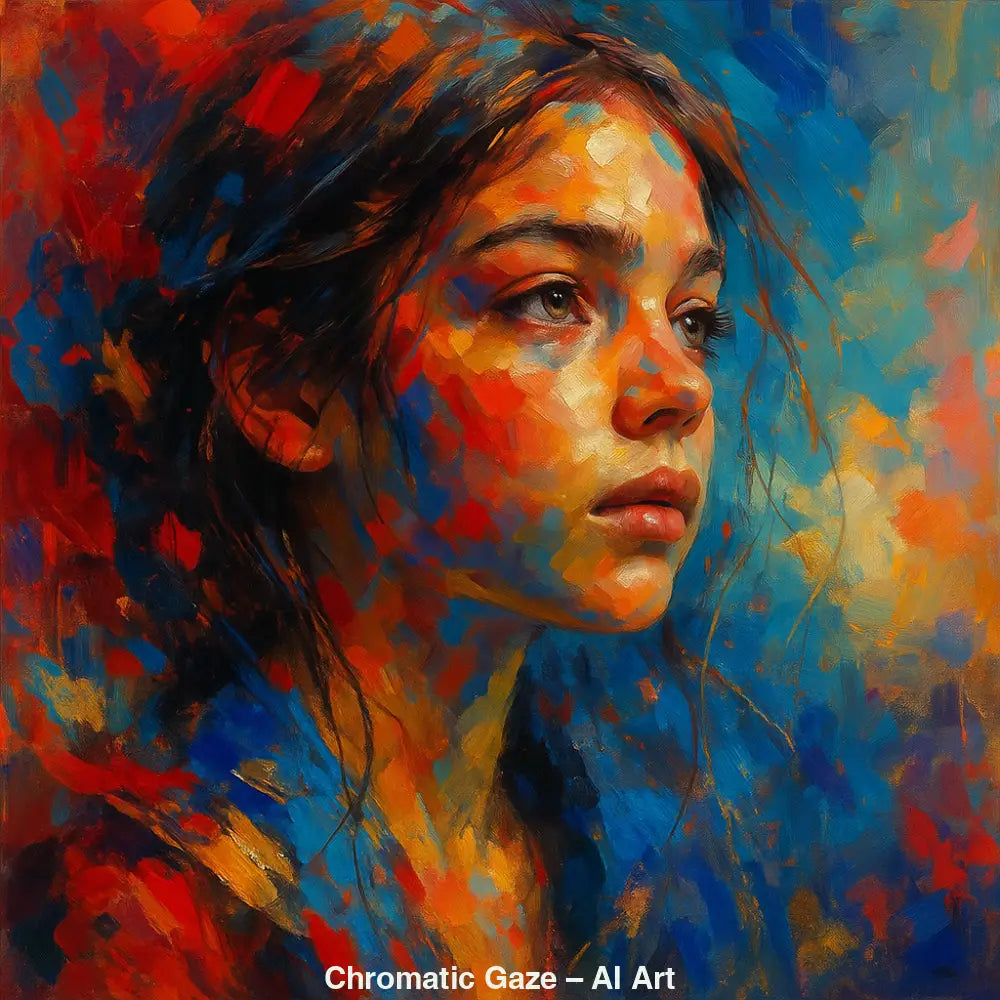 AI-Art-Porträt eines Mädchens in kräftigen Blau-, Rot- und Orangetönen.