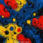 Abstraktes AI-Art-Gemälde mit Blau, Rot, Gelb und schwarzen Wirbelmustern.