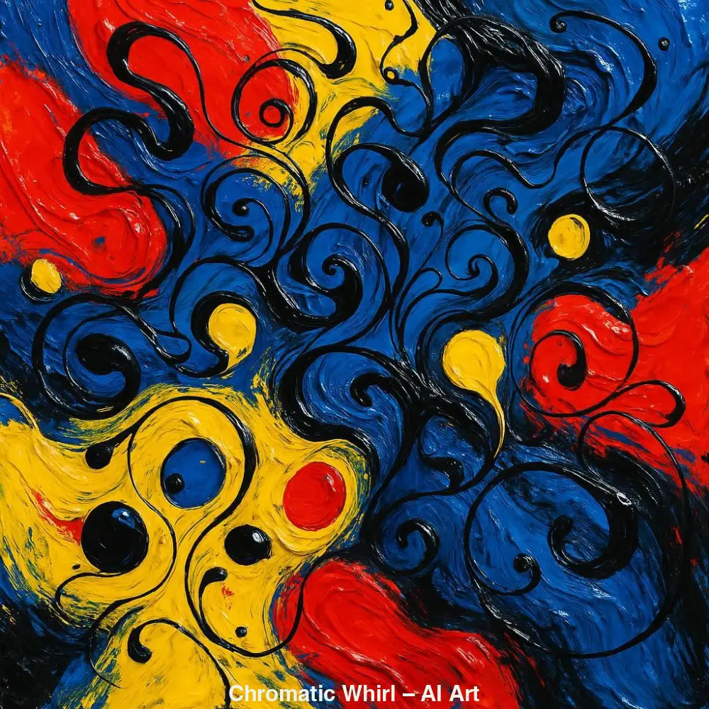 Abstraktes AI-Art-Gemälde mit Blau, Rot, Gelb und schwarzen Wirbelmustern.