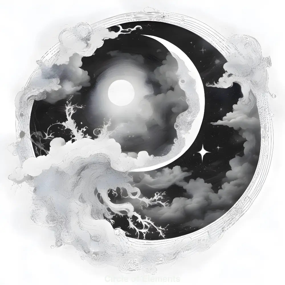 Kreisförmiges Design aus Mond, Wolken, Wellen und kosmischen Strukturen in monochromen Grautönen – symbolisiert Harmonie.