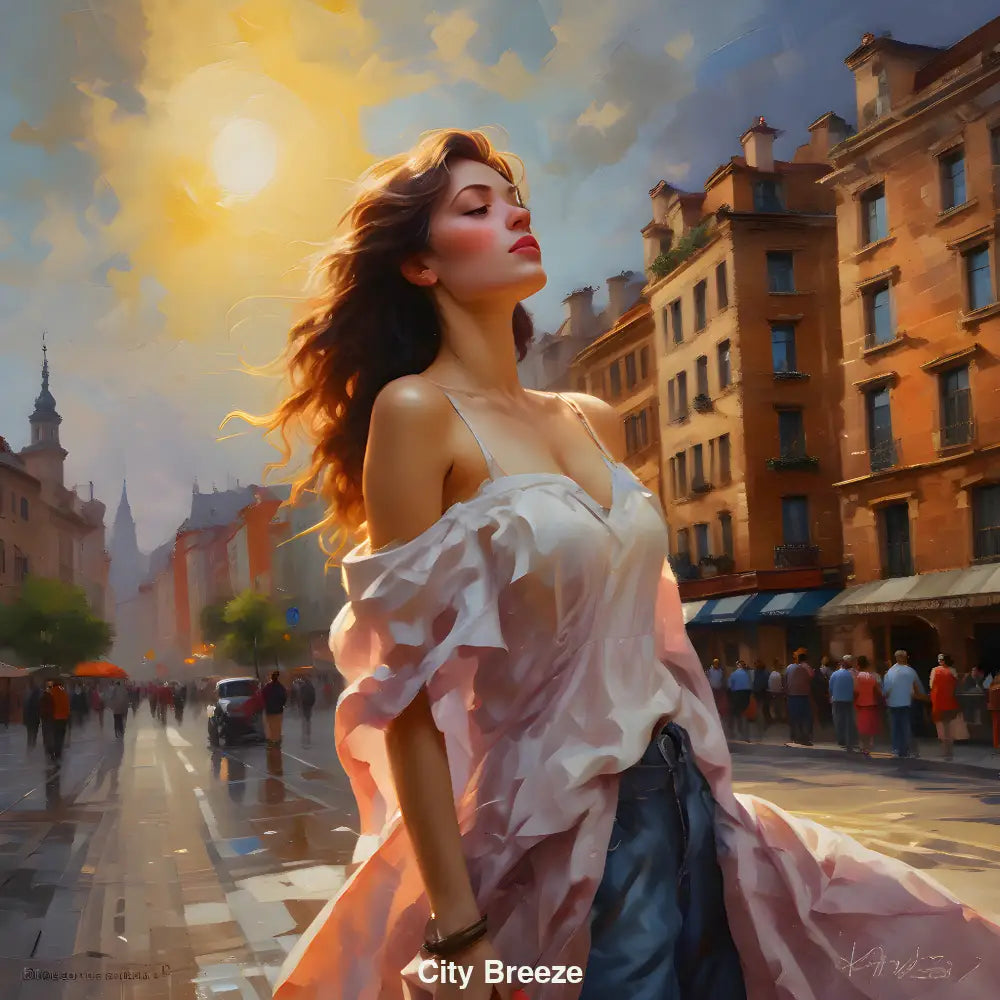 Junge Frau in weißer Bluse steht in sonnendurchfluteter Altstadtstraße, während Wind ihr Haar und die Bluse sanft bewegt.