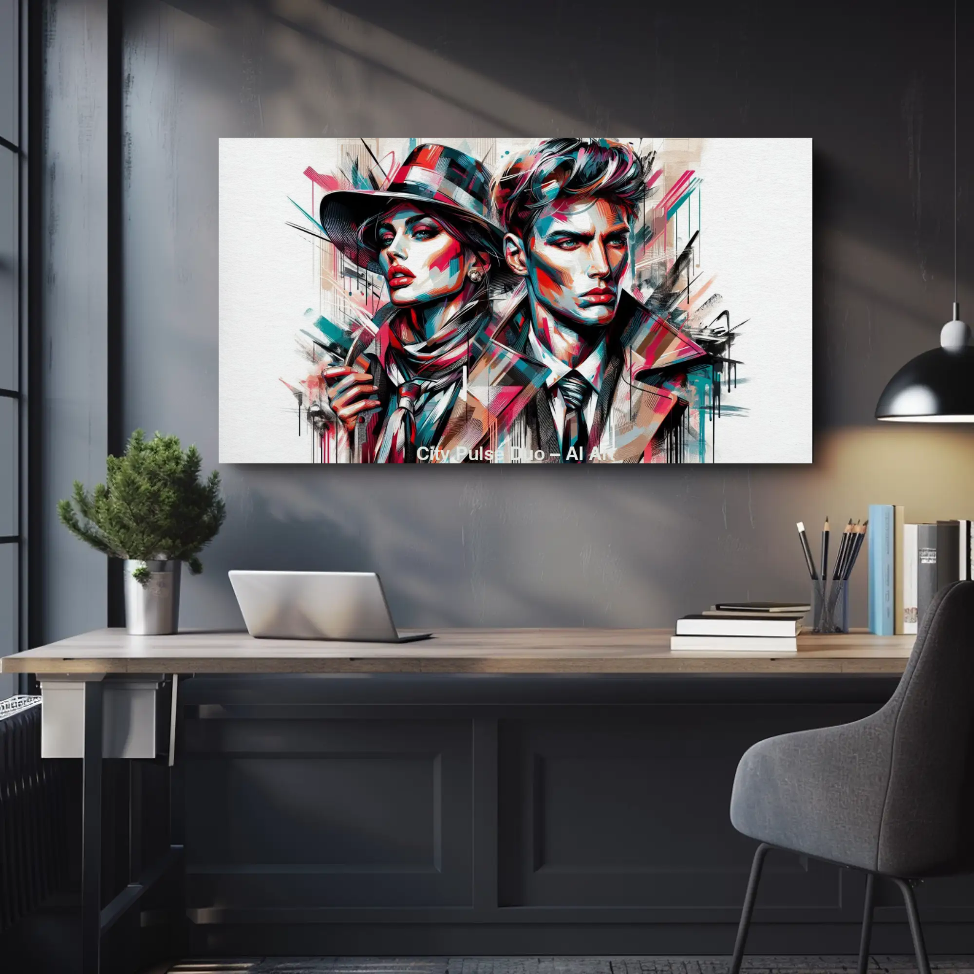 City Pulse Duo Fine Art Print mit zwei stilisierten Portraits in urbaner Street-Art-Optik über modernem Sideboard.