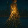 frau in einem kleid aus stadtlichtern vor skyline – moderne digitale kunst mit urbanem flair