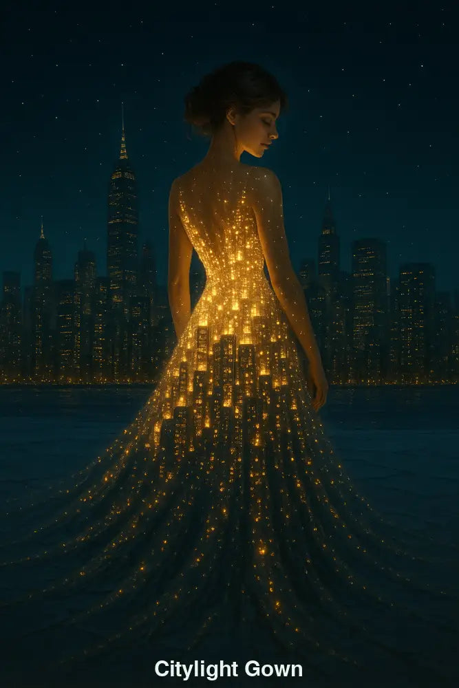 frau in einem kleid aus stadtlichtern vor skyline – moderne digitale kunst mit urbanem flair