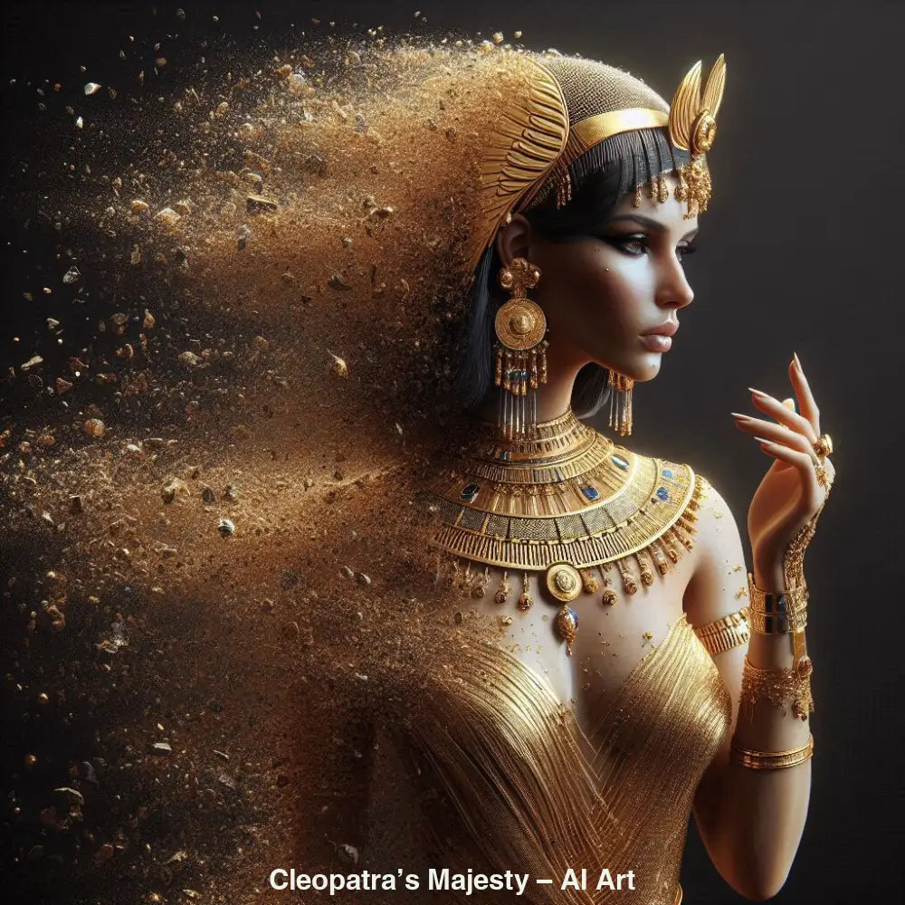 AI Art von Cleopatra in goldener Pracht, die sich kunstvoll in Staubpartikel auflöst.