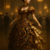 Elegante Frau im viktorianischen Ballkleid mit integrierten Zahnrädern und mechanischen Details in opulenter Steampunk-Ästhetik.