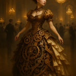 Elegante Frau im viktorianischen Ballkleid mit integrierten Zahnrädern und mechanischen Details in opulenter Steampunk-Ästhetik.