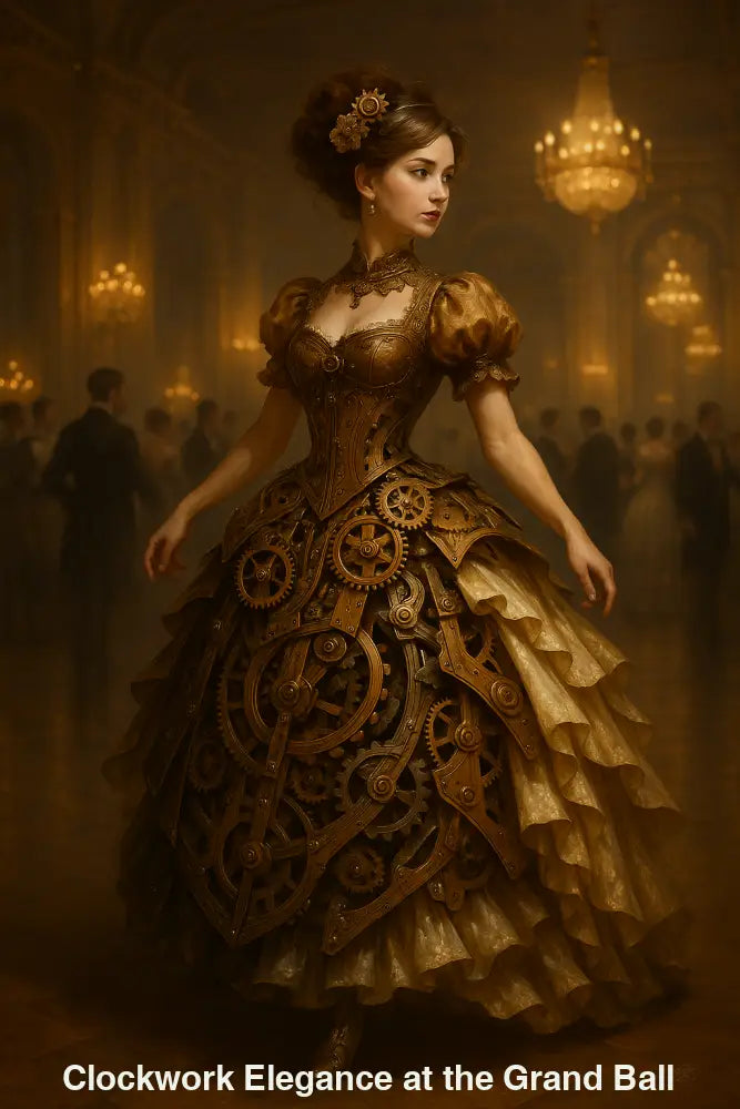 Elegante Frau im viktorianischen Ballkleid mit integrierten Zahnrädern und mechanischen Details in opulenter Steampunk-Ästhetik.