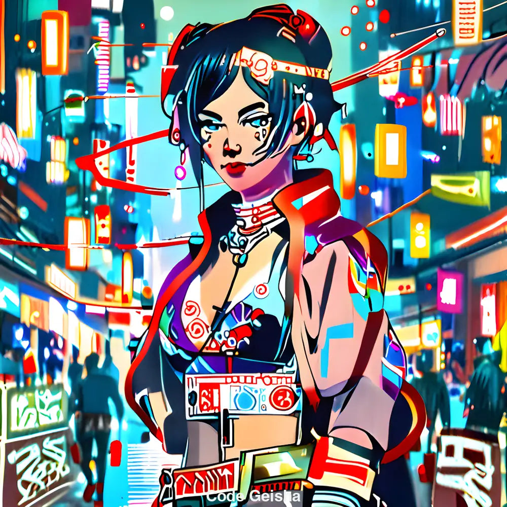 Moderne Geisha mit digitalen Tattoos und leuchtenden Accessoires vor neonbeleuchtetem Cyberpunk-Stadtpanorama.