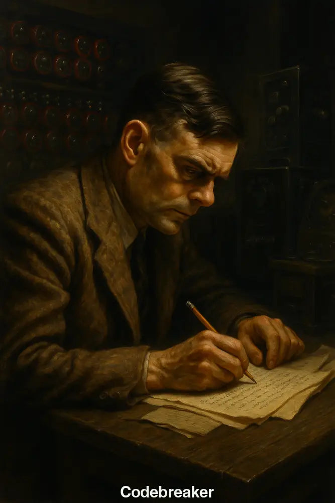 Ein Kryptograph bei der Arbeit – detailreiche AI Art im Stil historischer Weltkriegs-Geheimdienstoperationen