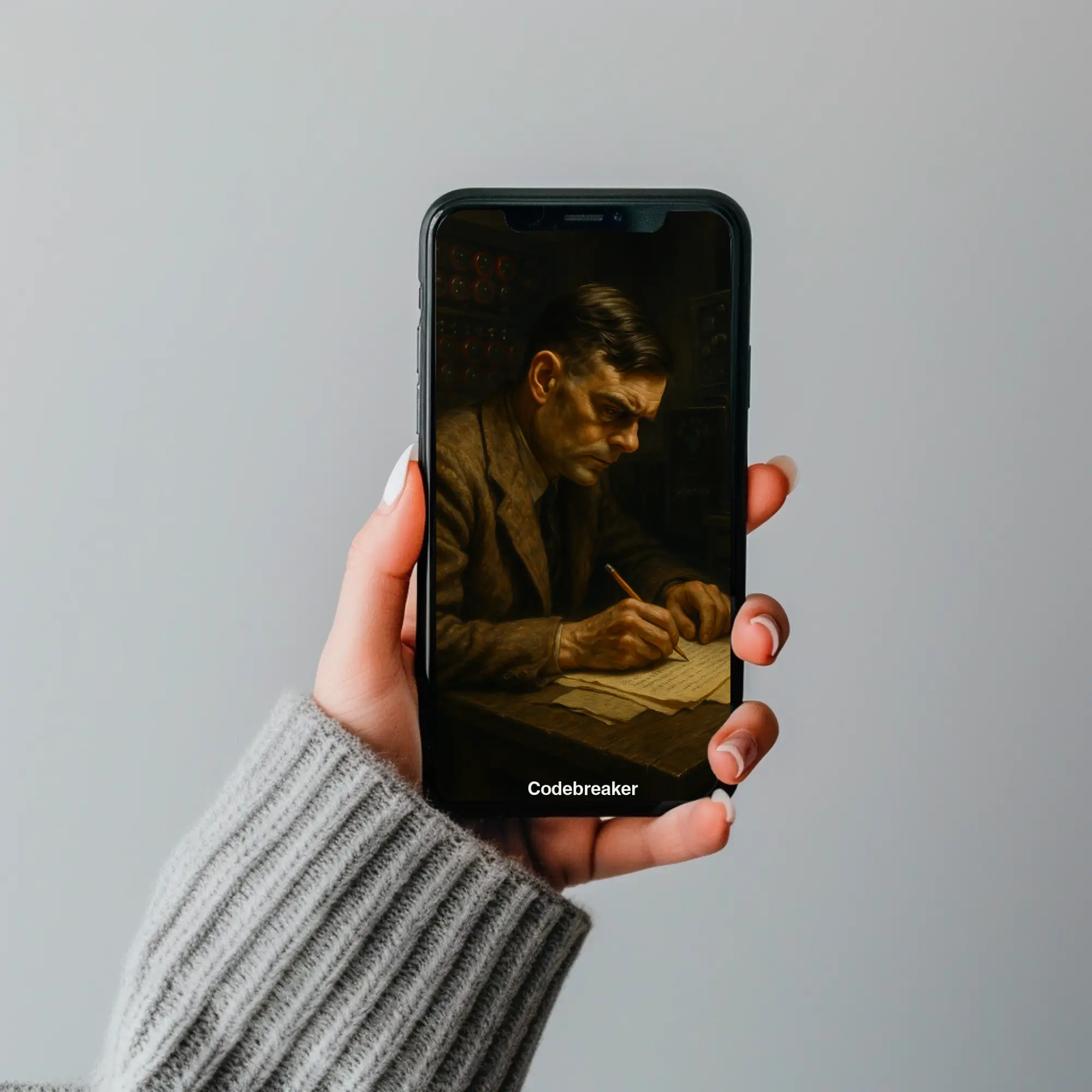 Mockup des Kunstwerks „Codebreaker“ – ein Weltkriegs-Kryptograf als digital erzeugte AI Art für Geschichtsinteressierte