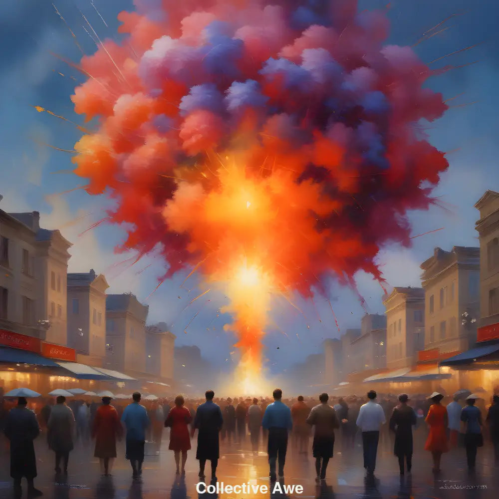 Menschenmenge auf historischer Straße schaut gebannt auf farbenprächtige Explosion aus Licht und Farbe am Himmel.