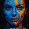 AI-Art-Porträt mit blauer und oranger Farbe, dynamische Farbspritzer auf intensivem Gesicht.