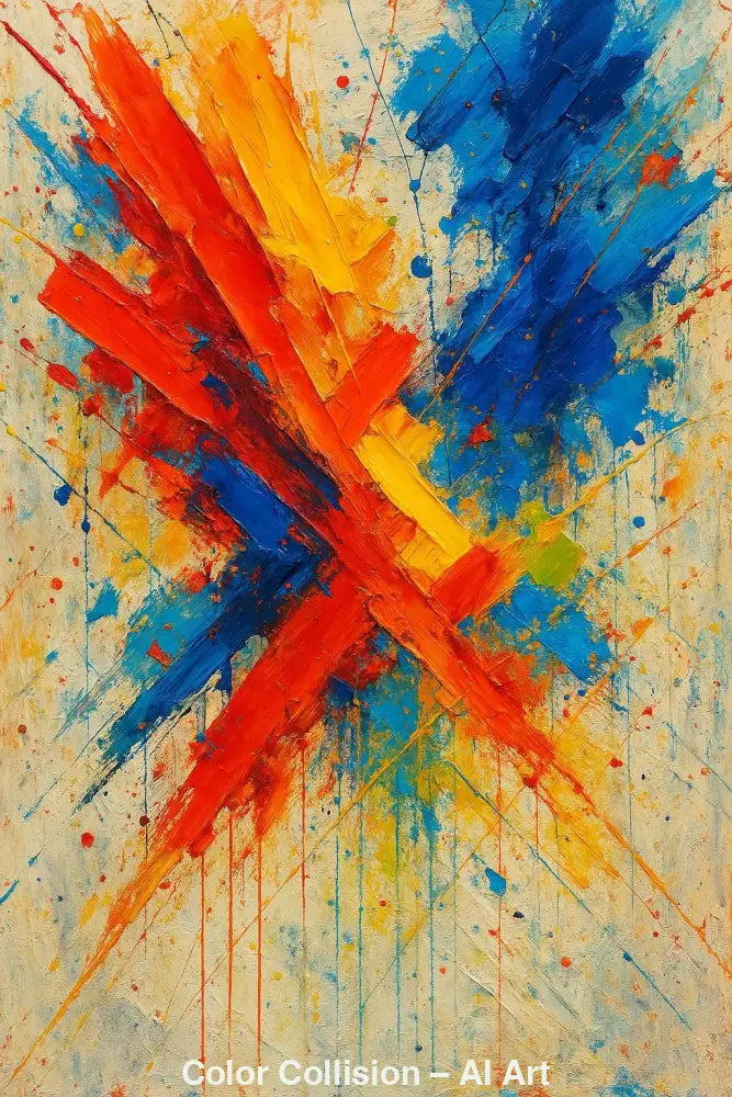 Color Collision – AI Art, abstraktes Gemälde mit kräftigen roten, blauen und gelben Pinselstrichen und energiegeladenen Farbspritzern.