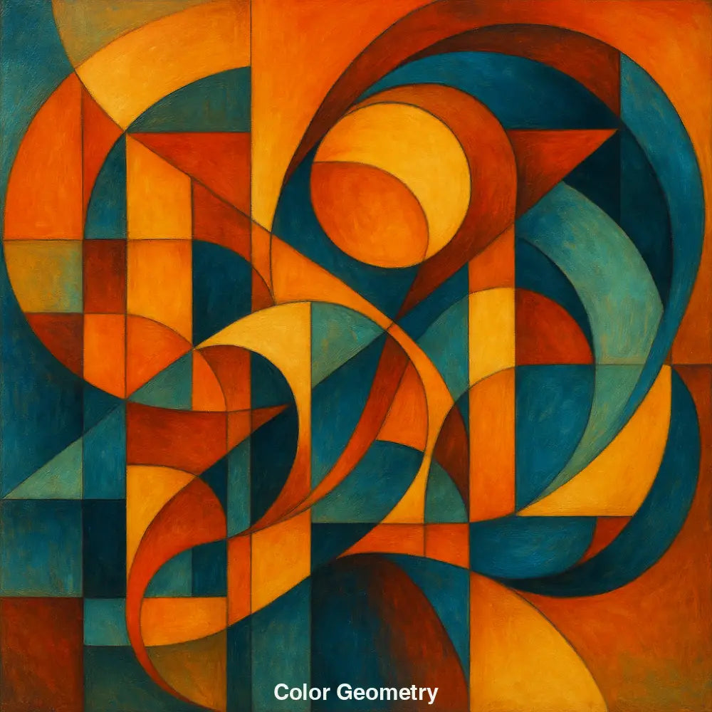 Abstraktes Gemälde mit geometrischen Formen und kräftigen Farben in Orange, Blau und Gelb – lebendige moderne Kunst mit rhythmischem Design