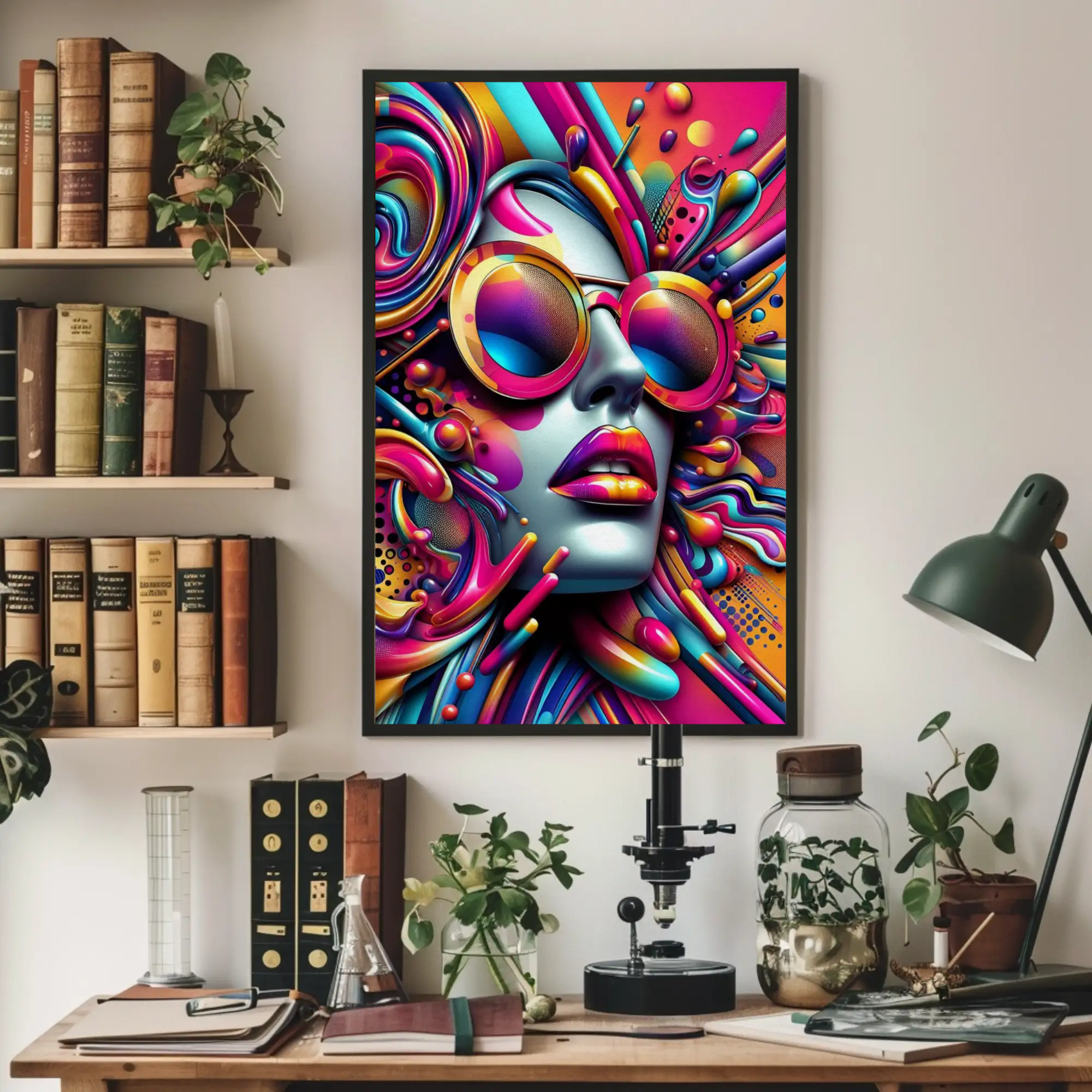 Color Velocity Fine Art Print mit farbenfrohem Portrait und dynamischen Pop-Art-Elementen über modernem Bücherregal.