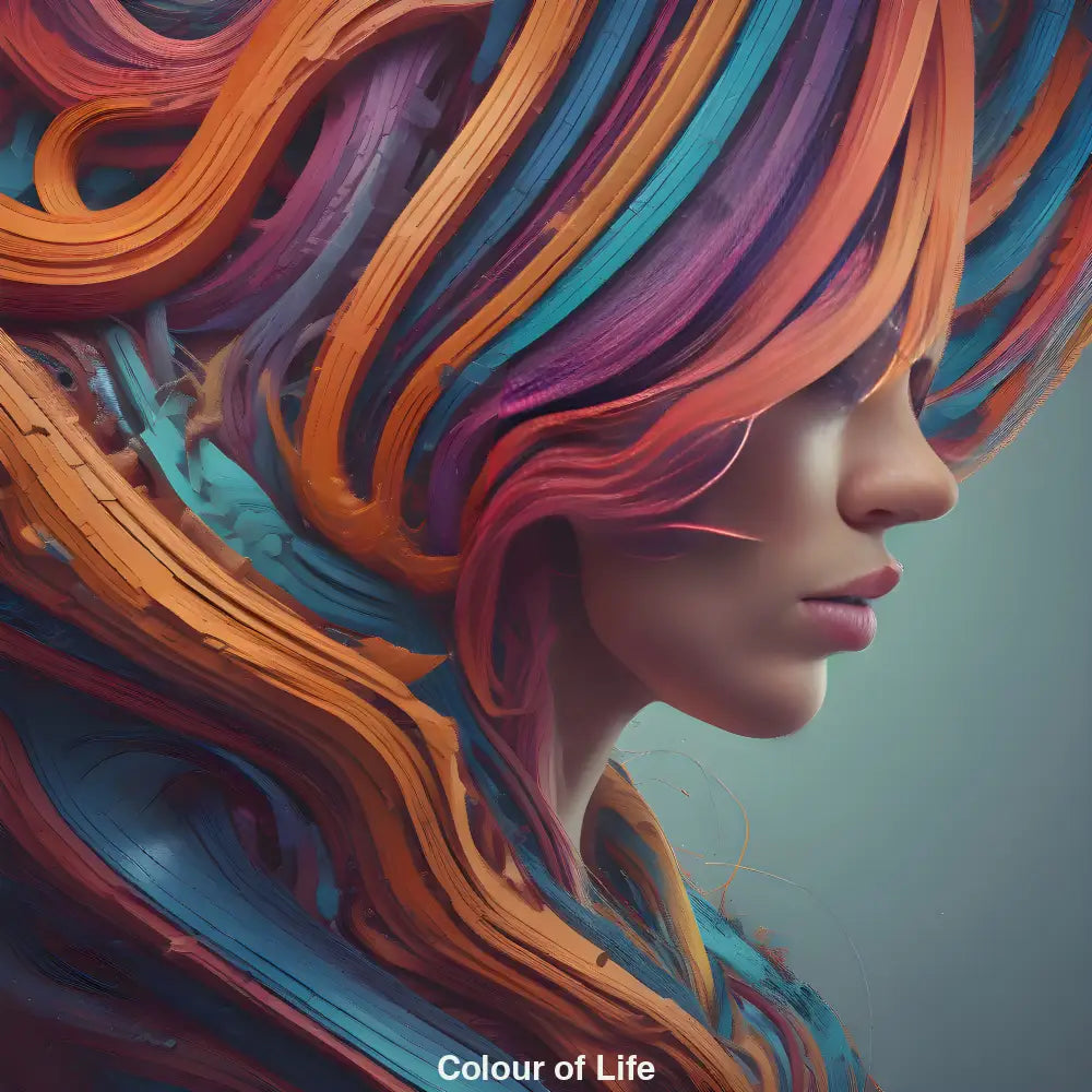 Frauenprofil umgeben von pulsierenden Strängen in Orange, Pink, Blau und Violett – symbolisiert Energie und Vielfalt.