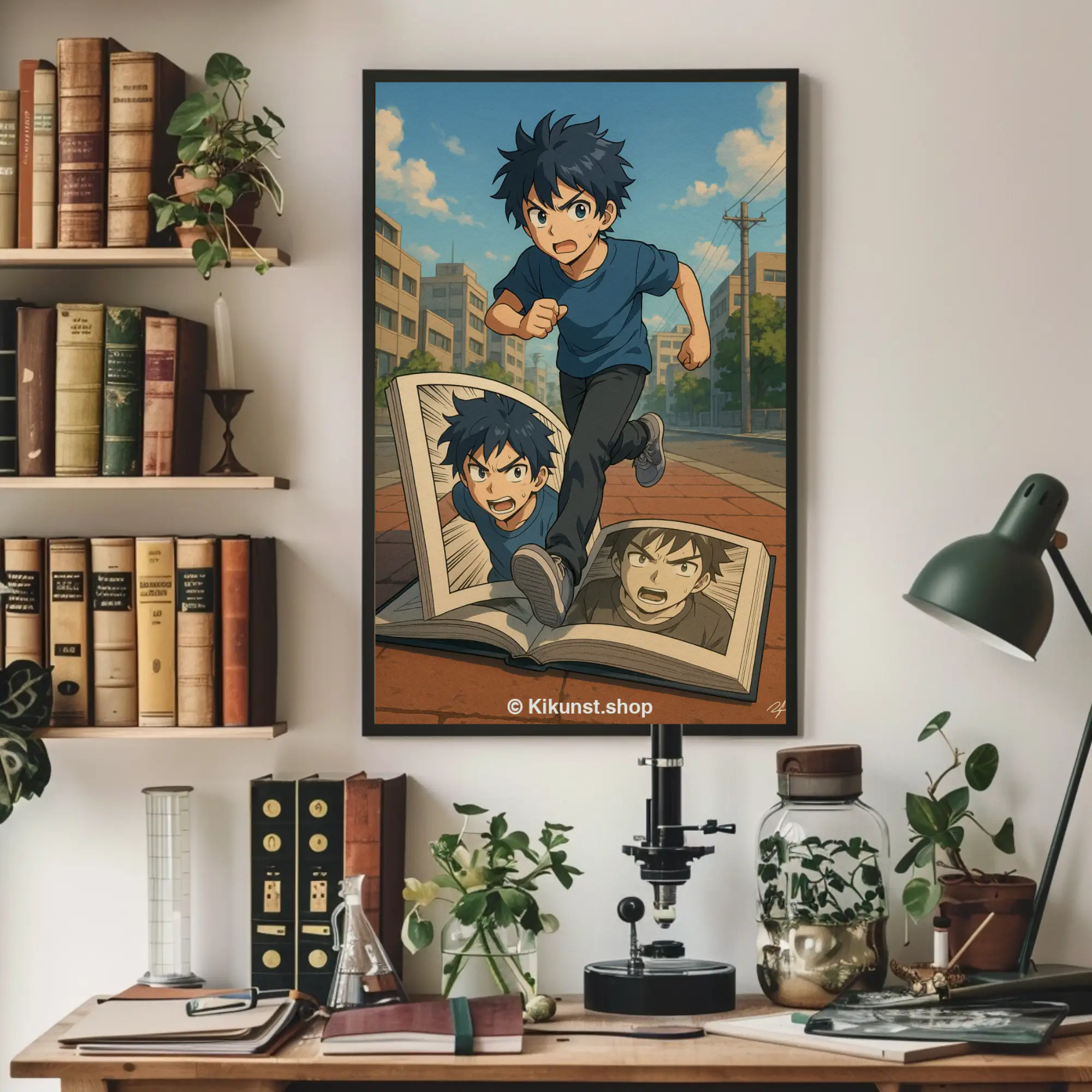 Fine Art Print mit Comicmotiv auf Regal in modernem Wohnraum mit Dekoration