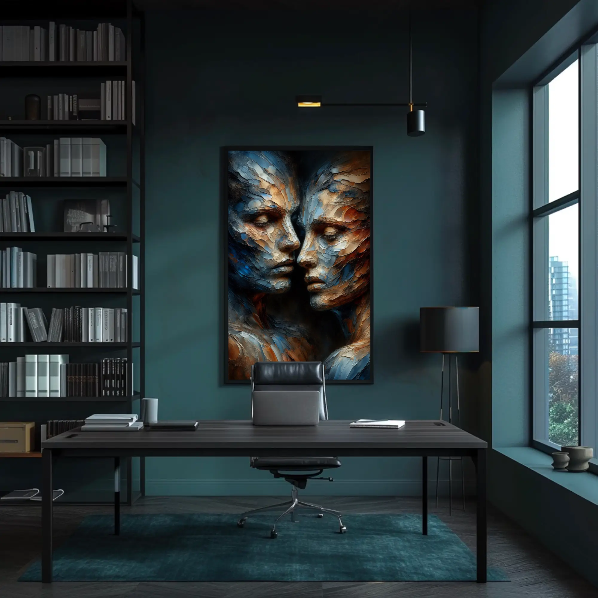 Confrontation of Being Fine Art Print mit zwei abstrakten Gesichtern in Blau- und Ockertönen über modernem Schreibtisch
