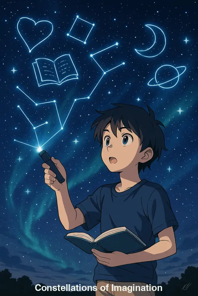 Kind zeichnet mit Lichtstift funkelnde Sternbilder – Herz, Buch, Mond und Planet – vor dunklem Nachthimmel.