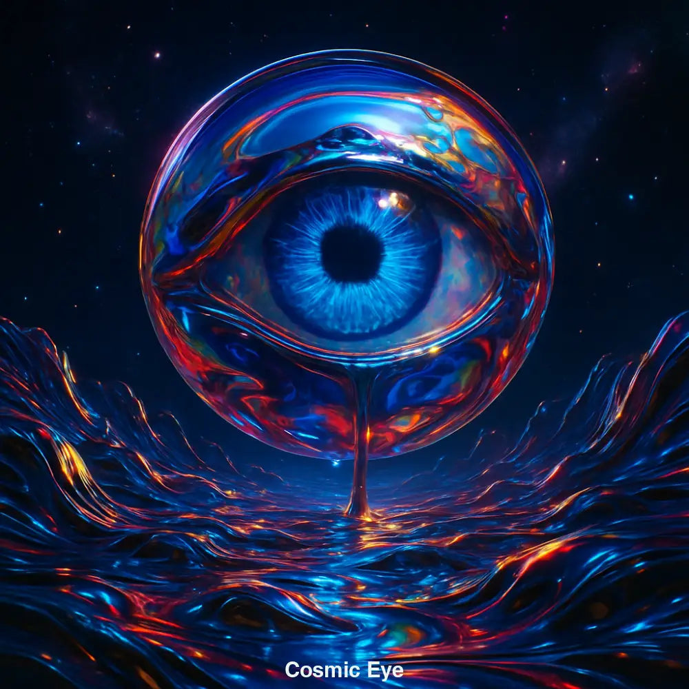 Leuchtendes blaues Auge im All mit flüssiger Sci-Fi-Landschaft – digitales AI Kunstwerk in surrealem Stil
