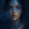 Porträt einer Frau mit Sternenhimmel-Textur – leuchtende, futuristische AI Art mit kosmischem Flair