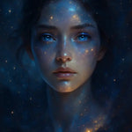 Porträt einer Frau mit Sternenhimmel-Textur – leuchtende, futuristische AI Art mit kosmischem Flair