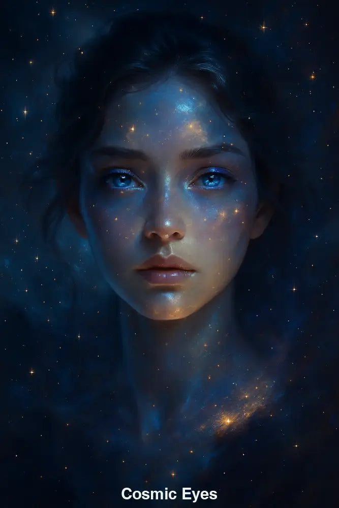Porträt einer Frau mit Sternenhimmel-Textur – leuchtende, futuristische AI Art mit kosmischem Flair