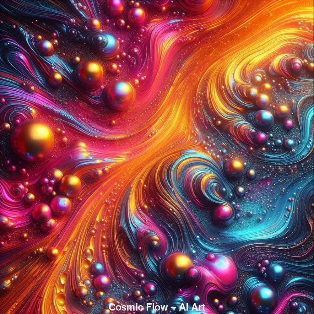 AI Art mit goldenen, violetten, blauen und pinken Strömungen und schimmernden Kugeln.