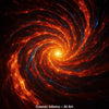 AI-Art Wirbel aus glühenden roten und orangenen Lichtbahnen im tiefen Weltraum.